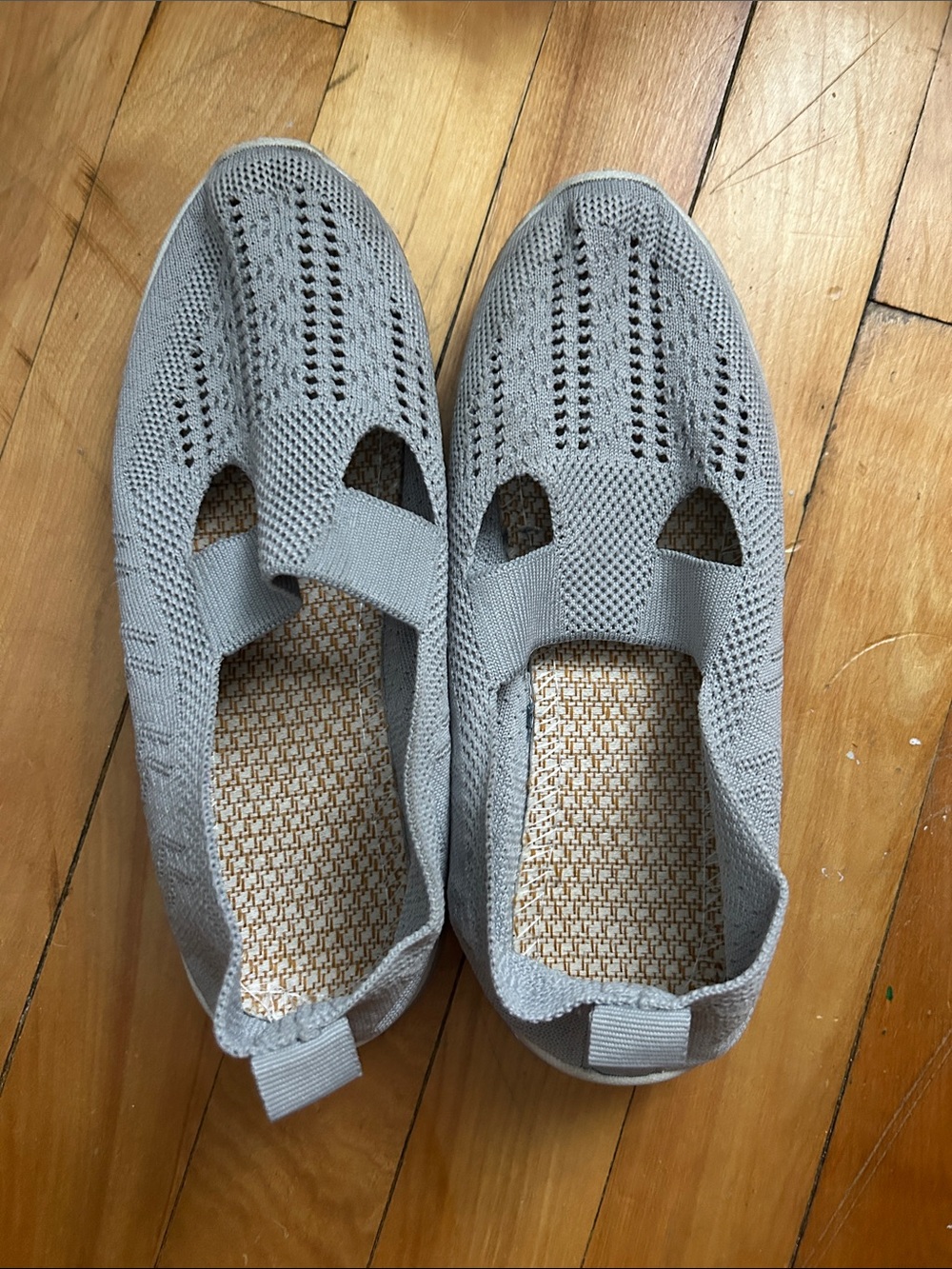 Light Gray Knit Mary Jane Slip-On Shoes for Women